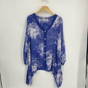 Lyng Blue white Boho top Sz 3X Lagenlook artsy tunic